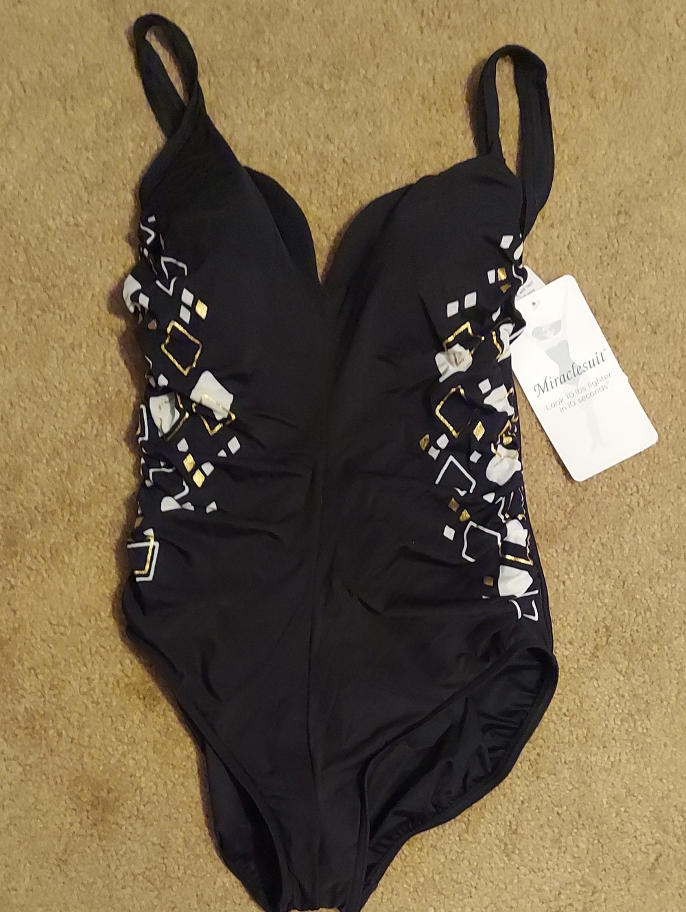 Miraclesuit Black One-Piece Swimsuit with White and Gold Geometric Print